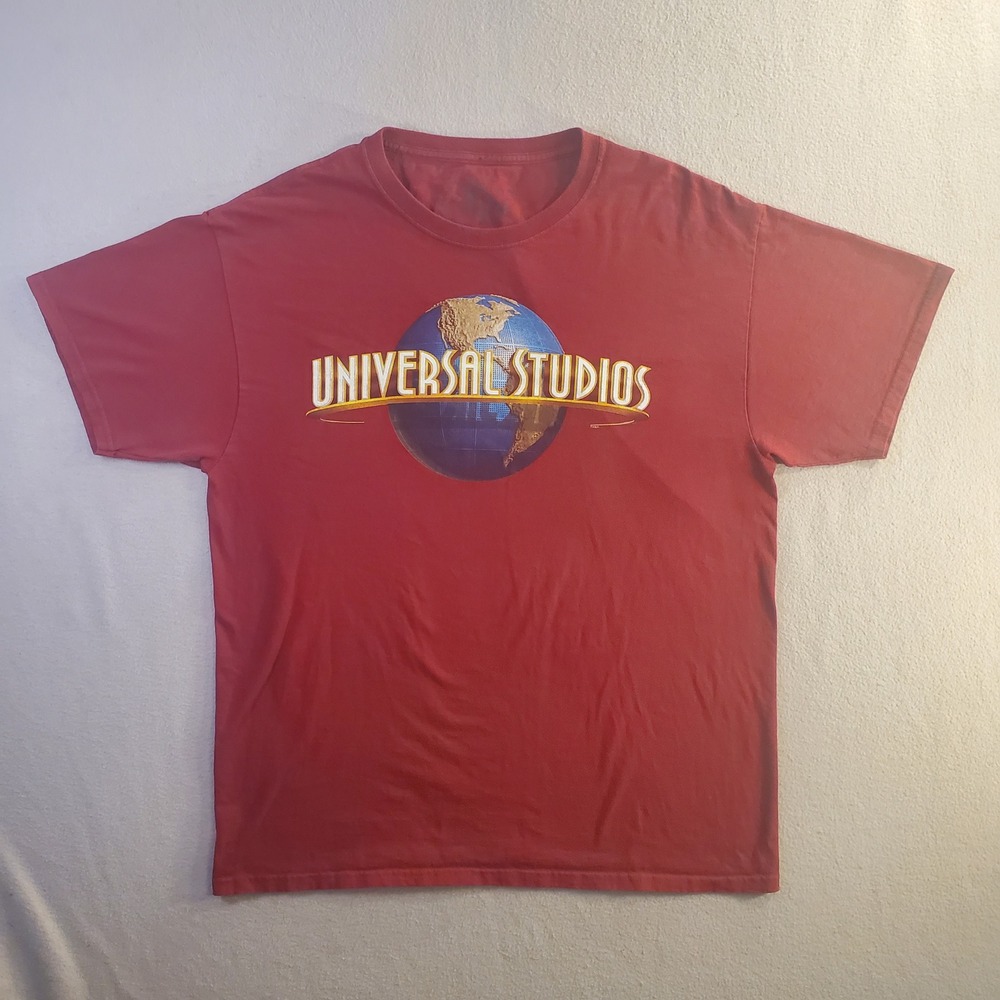 Universal Studios Mens Graphic T-Shirt Red Short Sleeve Crew Neck Size L Globe
